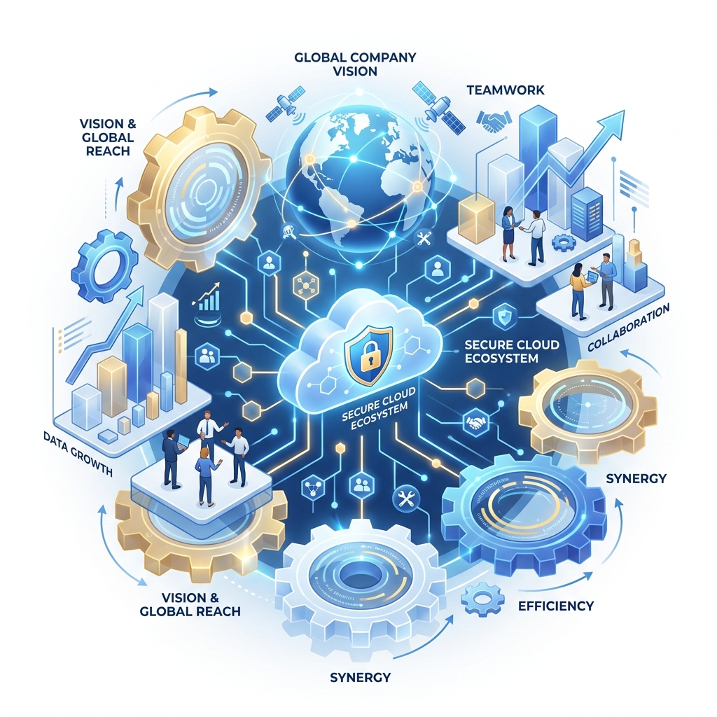 Global company vision secure ecosystem illustration